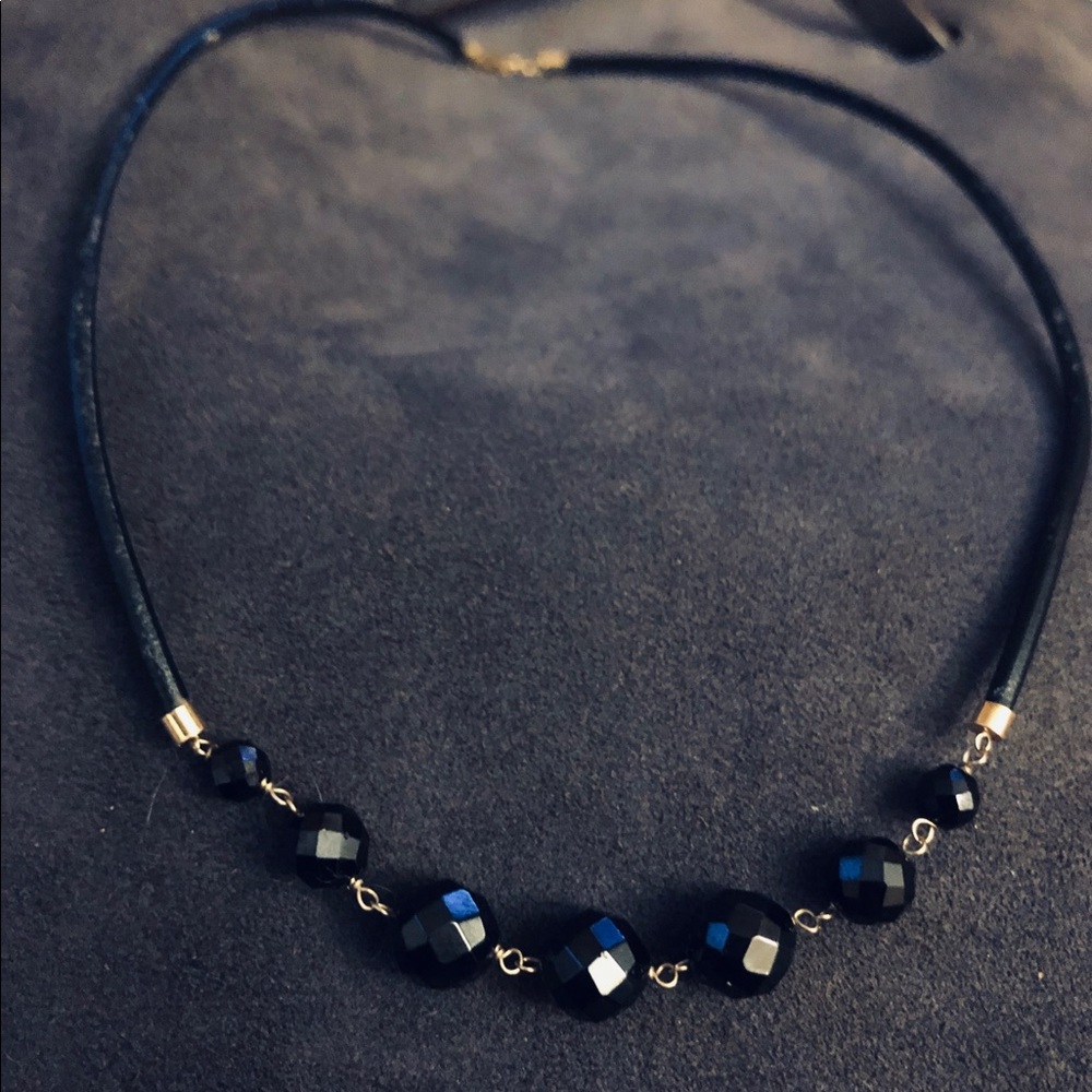 14K Gold Black Spinel & Leather Choker